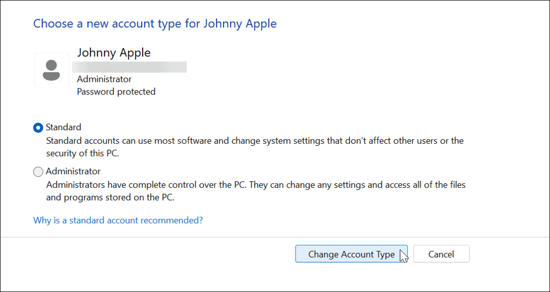 Kā mainīt konta veidu operētājsistēmā Windows 11