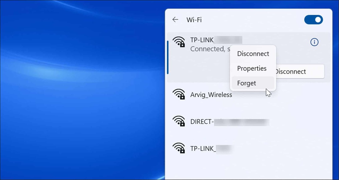 aizmirst Wi-Fi tīklu operētājsistēmā Windows 11