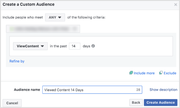 Izvēlieties opcijas, lai izveidotu Facebook pielāgotas auditorijas vietni, pamatojoties uz ViewContent notikumu 