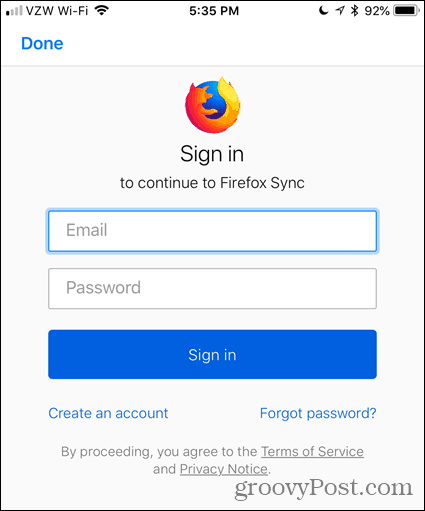 IOS operētājsistēmas Firefox ievadiet savu e-pastu un paroli
