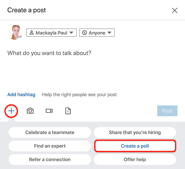 LinkedIn Izveidot ziņojumu dialoglodziņš ar opciju Izveidot aptauju