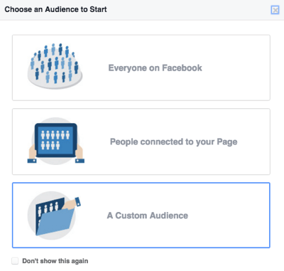 izvēlieties facebook pielāgoto auditoriju
