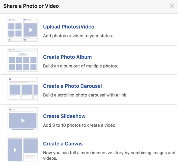 Veidojot Facebook ziņu, lai uzlabotu, ne vienmēr izmantojiet vienu attēlu; eksperimentējiet arī ar citām multivides iespējām.