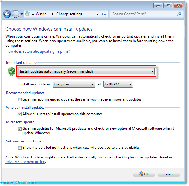 Windows 7 - Windows atjaunināšanas konfigurācijas izvēlnes ekrānuzņēmums