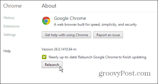 Google Chrome About lapa - atjaunināšana un atkārtota palaišana