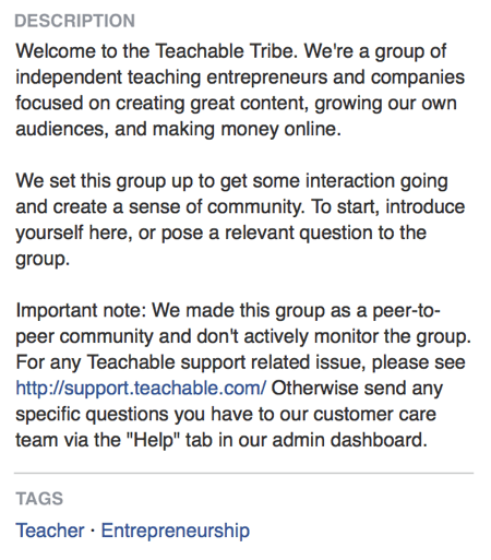 Facebook grupas aprakstā Teachable tieši norāda, ka tās Facebook grupa ir domāta kopienas izveidei.