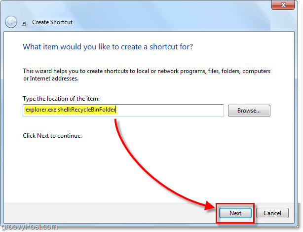 pievienojiet atkritnes pārlūkprogrammas shelle paplašinājumu kā Windows 7 saīsni