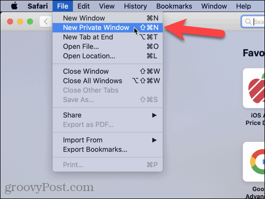 Mac datorā Safari atlasiet Jauns privāts logs