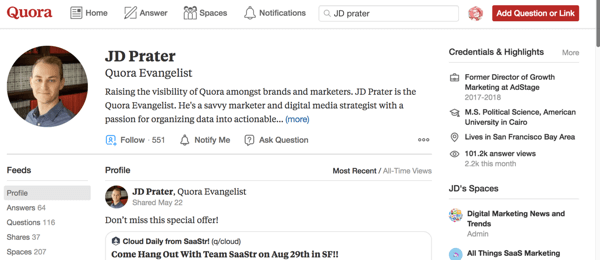 JD Prater profils vietnē Quora.