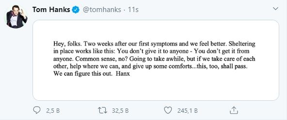 Toms Hanks dziedināja