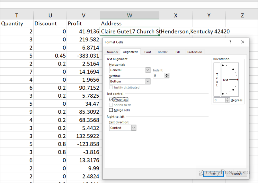 iestatot iesaiņojuma tekstu programmā Excel