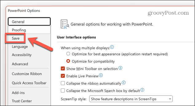 Powerpoint saglabāšanas izvēlne