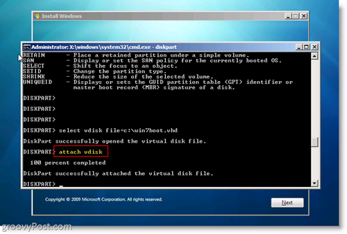 Windows 7 Native VHD instalējiet divkāršo sāknēšanas pievienojumu VHD no CMD Prompt