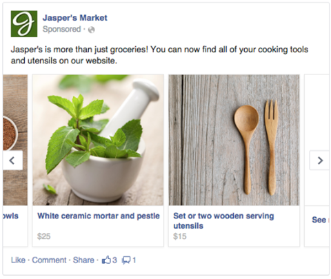 facebook daudzproduktu reklāmas piemērs