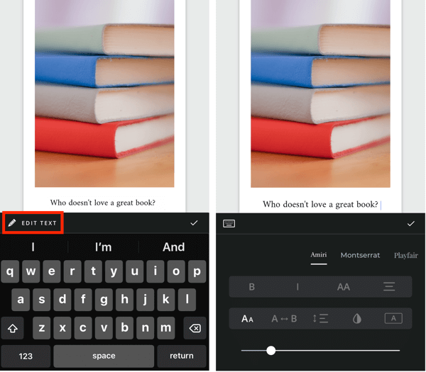 Izveidojiet izvērstā Instagram stāsta 5. darbību, parādot teksta rediģēšanas opcijas.
