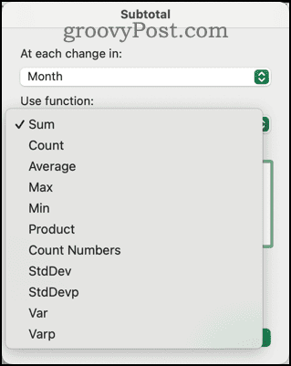 Starpsummas dialoglodziņā programmā Excel ir pieejamas dažādas funkcijas