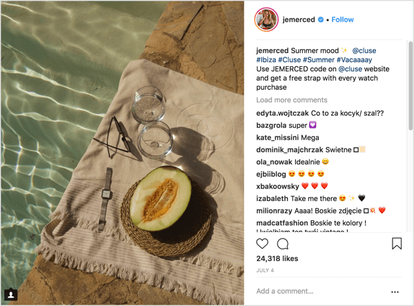 Instagram influencer mārketinga kampaņas ziņas piemērs ar unikālu piedāvājuma kodu