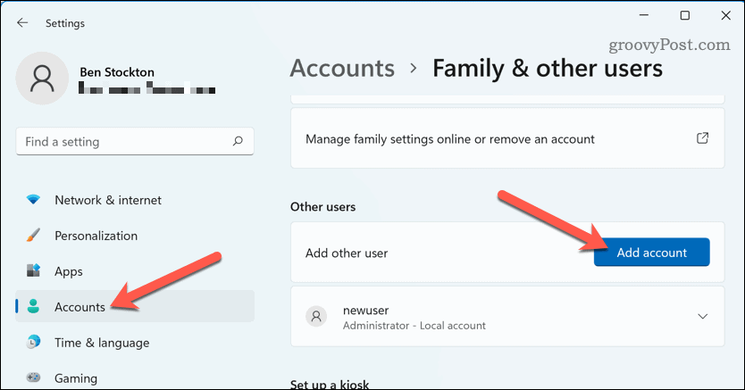 Pievienojiet jaunu kontu operētājsistēmā Windows 11