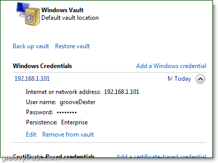 saglabātu akreditācijas datu var rediģēt no Windows 7 glabātuves
