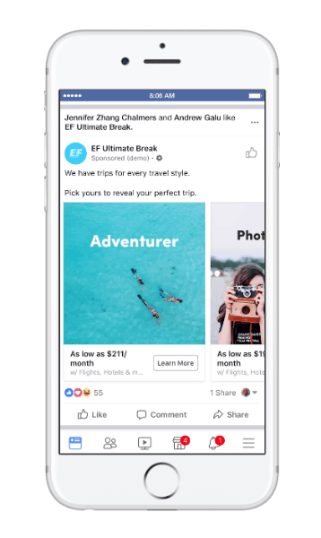 Facebook izlaida jauna veida dymanic reklāmas ceļojumiem, ko sauc par ceļojuma apsvēršanu.