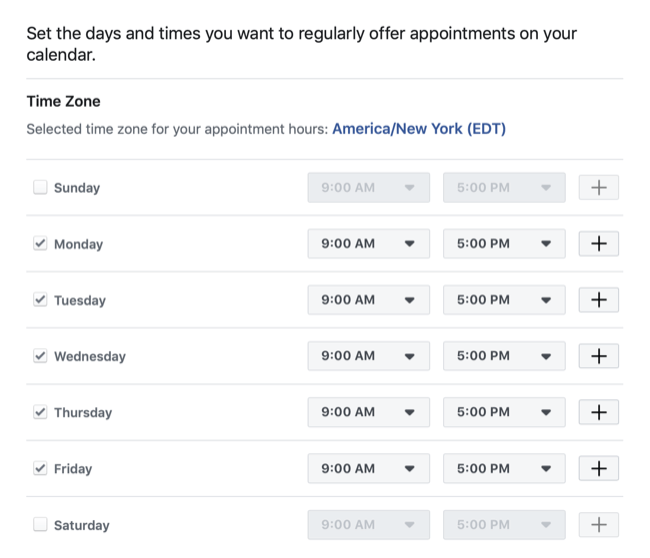 noteikt datumus un laikus, kas pieejami, lai rezervētu tikšanos ar Facebook lapu