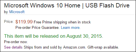Iepriekš pasūtīt Windows 10 mazumtirdzniecības USB zibatmiņu no Amazon