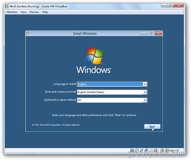 VirtualBox Windows 8 instalēšanas izvēlne
