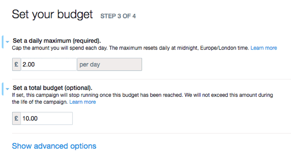 Iestatiet Twitter reklāmas budžetu.