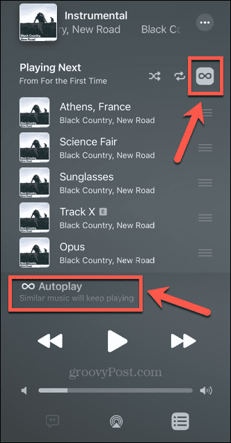 ieslēgta Apple mūzikas automātiskās atskaņošanas ikona