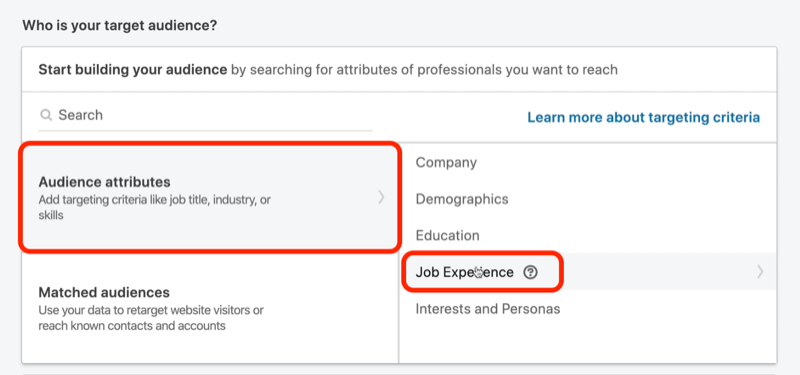 ekrānuzņēmums Who Is Your Audience? sadaļā LinkedIn kampaņas iestatīšanā