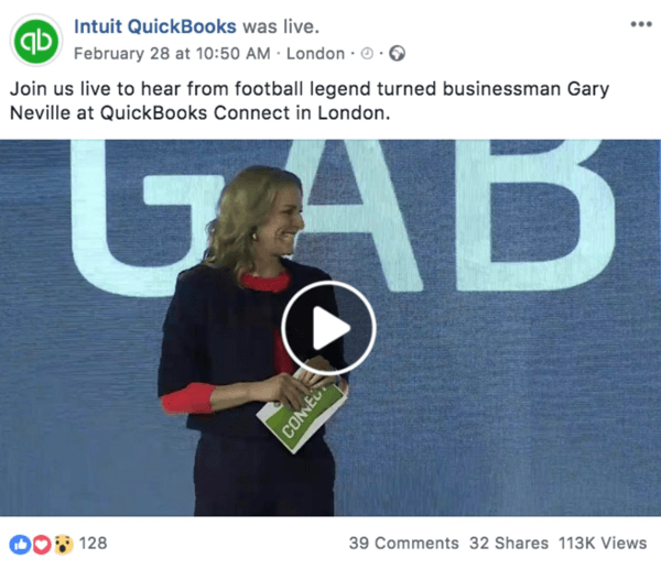 Piemērs Facebook ziņai, kurā tiek paziņots par gaidāmo tiešraides video no Intuit Quickooks.