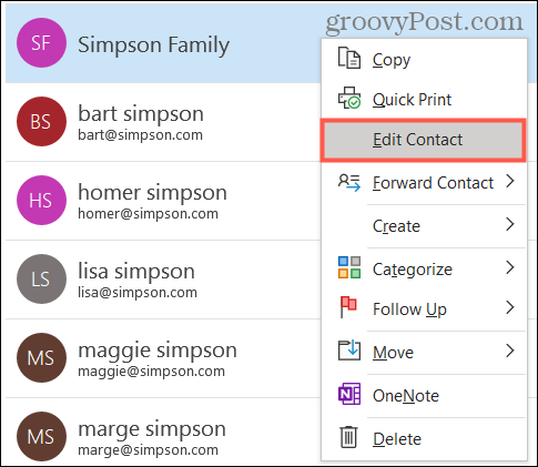 Ar peles labo pogu noklikšķiniet un izvēlieties Rediģēt kontaktu