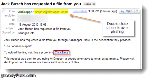 AirDropper Dropbox - e-pasta pieprasīšanas fails