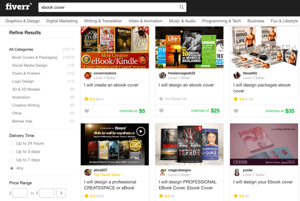 Fiverr ir pieejama izvēle, lai atrastu kādu, kurš izstrādātu ebook vāku.