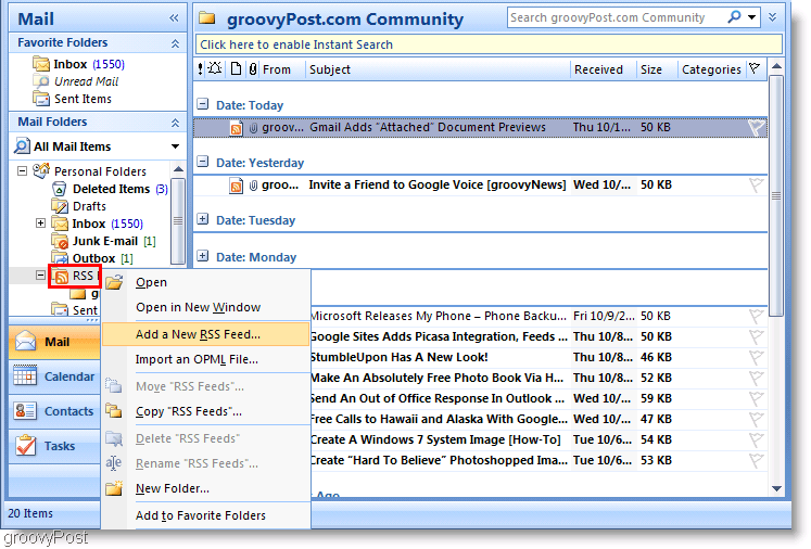 Ekrānuzņēmums Microsoft Outlook 2007 Pievienot jaunu RSS plūsmu