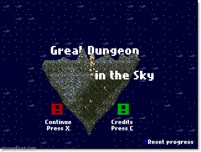 Lielā Dungeon in the Sky galvenā izvēlne