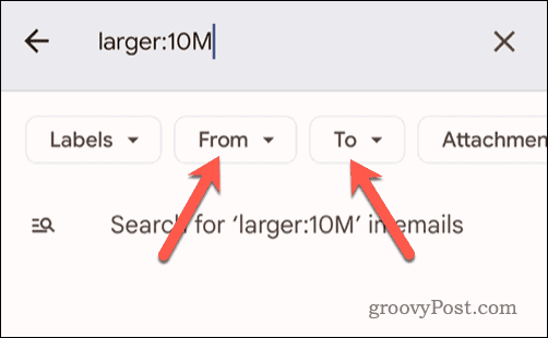 Papildu meklēšanas kritēriju iestatīšana meklēšanai pakalpojumā Gmail mobilajā ierīcē