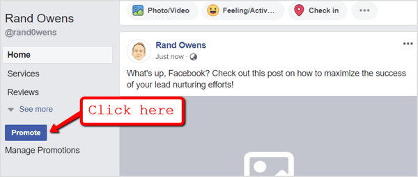 Dodieties uz savu Facebook lapu un zem navigācijas cilnēm noklikšķiniet uz pogas Reklamēt.