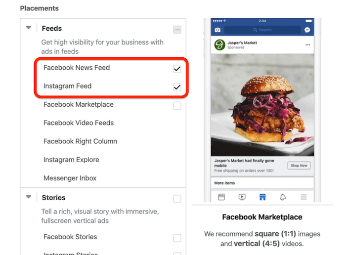 Facebook ziņu plūsmas un Instagram plūsmas izvietojumi ir atlasīti reklāmu kopas līmenī Facebook reklāmu pārvaldniekā