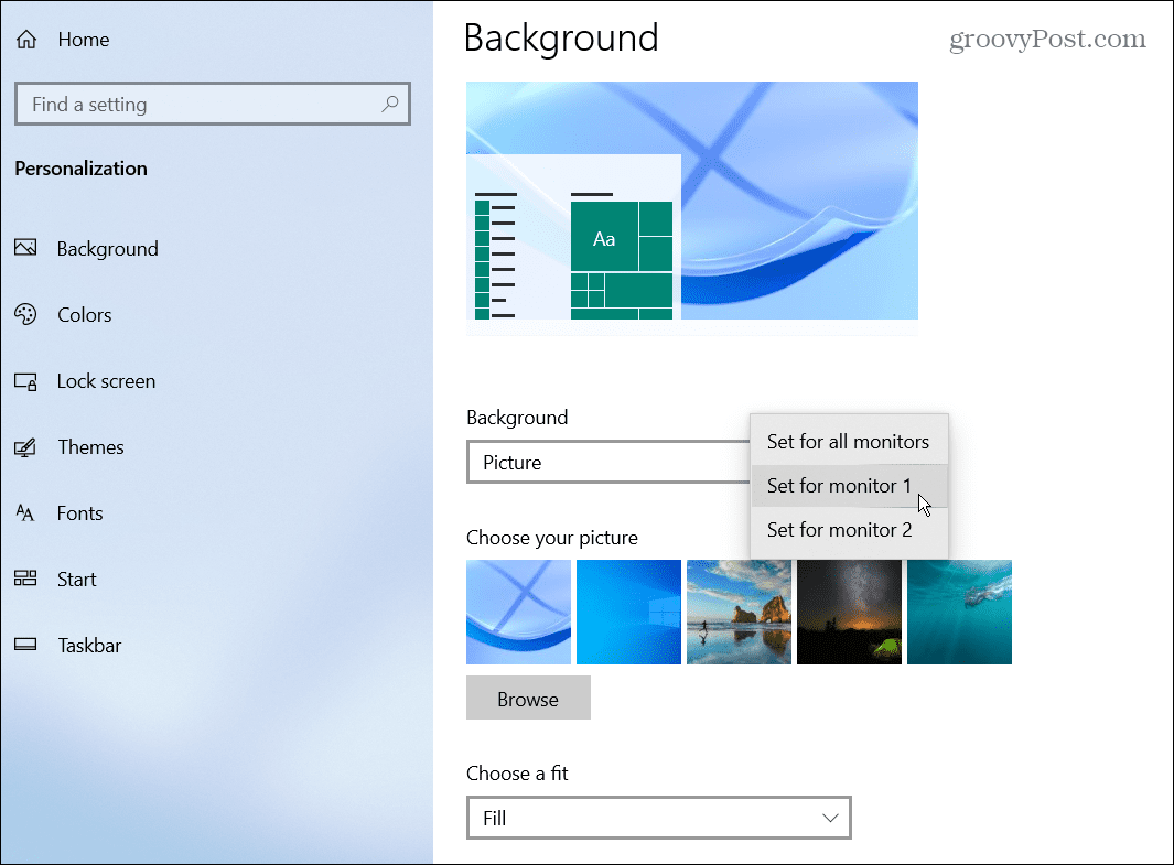 izvēlieties fonu monitoru Windows 10
