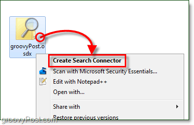 ar peles labo pogu noklikšķiniet uz darbvirsmas un pēc tam noklikšķiniet uz osdx faila, kas ir meklēšanas savienotājs, un pēc tam noklikšķiniet uz izveidot meklēšanas savienotāju Windows 7