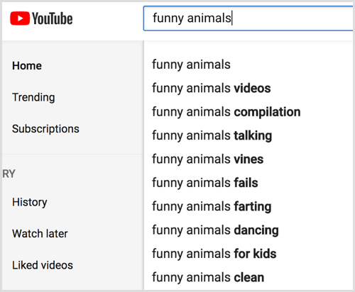 Apskatiet YouTube atslēgvārda automātiskos ieteikumus.