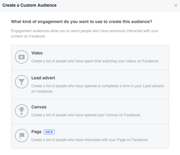 Facebook ļauj jums izveidot četras pielāgotas mērķauditorijas, kuru pamatā ir iesaistīšanās.