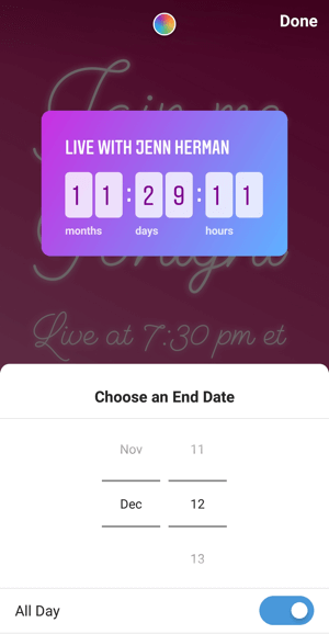 Kā lietot Instagram Countdown uzlīmi uzņēmējdarbībai, 3. darbības atskaites beigu datums.