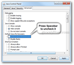 atspējot Internet Explorer Java