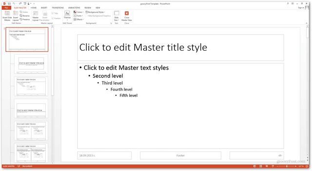 Office 2013 veidne Izveidot Izveidojiet pielāgotu dizainu POTX Pielāgot slaidus slaidiem Apmācība, kā slīdēt galveno skatu