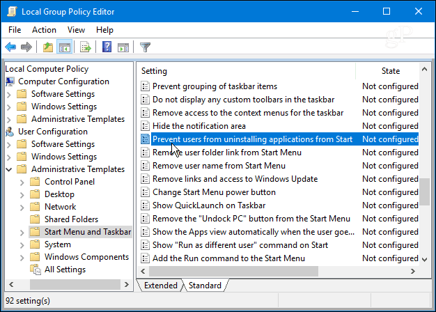 Bloķējiet lietotājus, lai atinstalētu lietotnes no Windows 10 izvēlnes Sākt