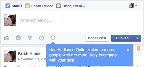 facebook auditorijas optimizēšana ziņu atjaunināšanas lodziņā
