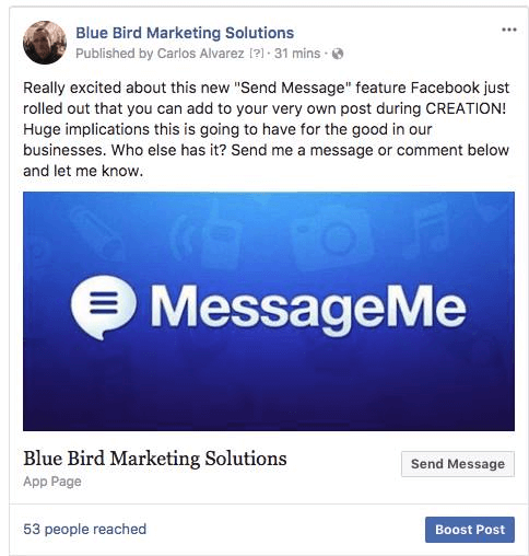 Facebook pievienoja iespēju ievietot pogu lapas ziņās, kas lietotājiem dod iespēju atbildēt tieši Messenger.