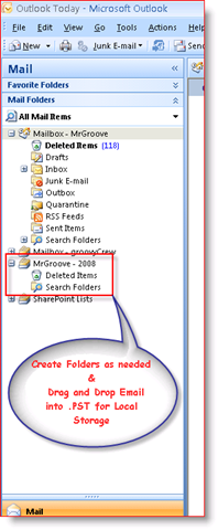 Outlook 2007 iesūtne, kurā parādīts .PST personas datu fails navigācijas rūtī:: groovyPost.com
